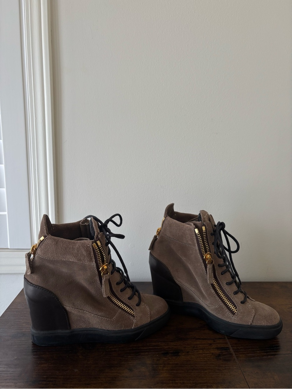 Giuseppe Zanotti Taupe Suede Wedge Lace-Up Booties with Gold Zippers